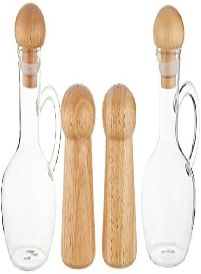 Billi Glass Oil And Vinegar Bottle With Wooden Cover- Salt Pepper Shakers Stand Gw-618