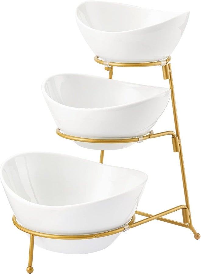 3 Tier Oval Bowl Set With Metal Rack,Habilife Three Ceramic Fruit Bowl Serving - Tiered Serving Stand - Dessert Appetizer Cake Candy Chip Dip (Gold)