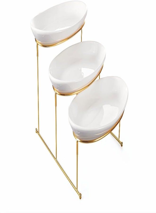 Orchid 3 Tier Oval Serving Set With Gold Stand, Fruit Bowl For Kitchen Counter, Ceramic Serving Bowls With Metal Rack, Tiered Fruit Basket For Fruit Vegetable Storage, Snack, Nuts, Cake (Dtc19342G)