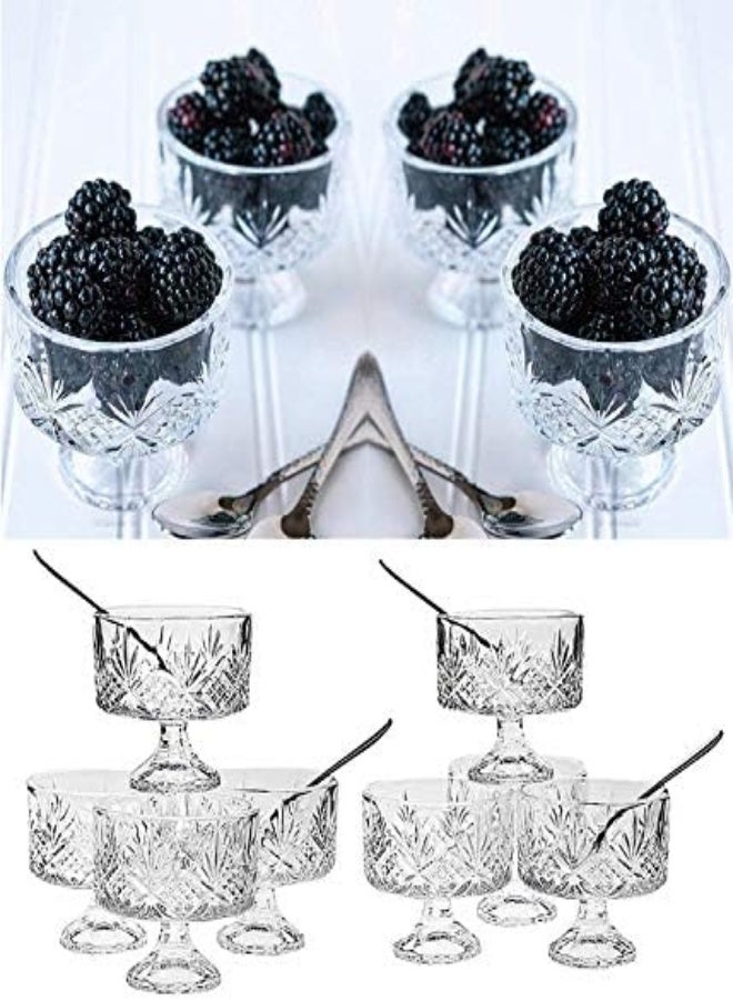 Set Of 8Crystal Clear Glass 6 Ounce Dessert Ice Cream/Fruit Bowls, With 8 Taster Spoons, 16 -Piece Tasters Trifle Honey Tinis Dessert Bowl Set