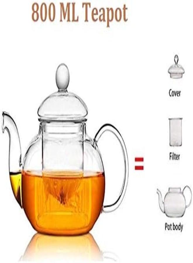 Lushh Borosilicate Heat-Resistant Glass Tea Pot Set, Infuser Teapot 800 Ml+ Tea Warmer+ 80 Ml Double Wall Cup 6Pcs