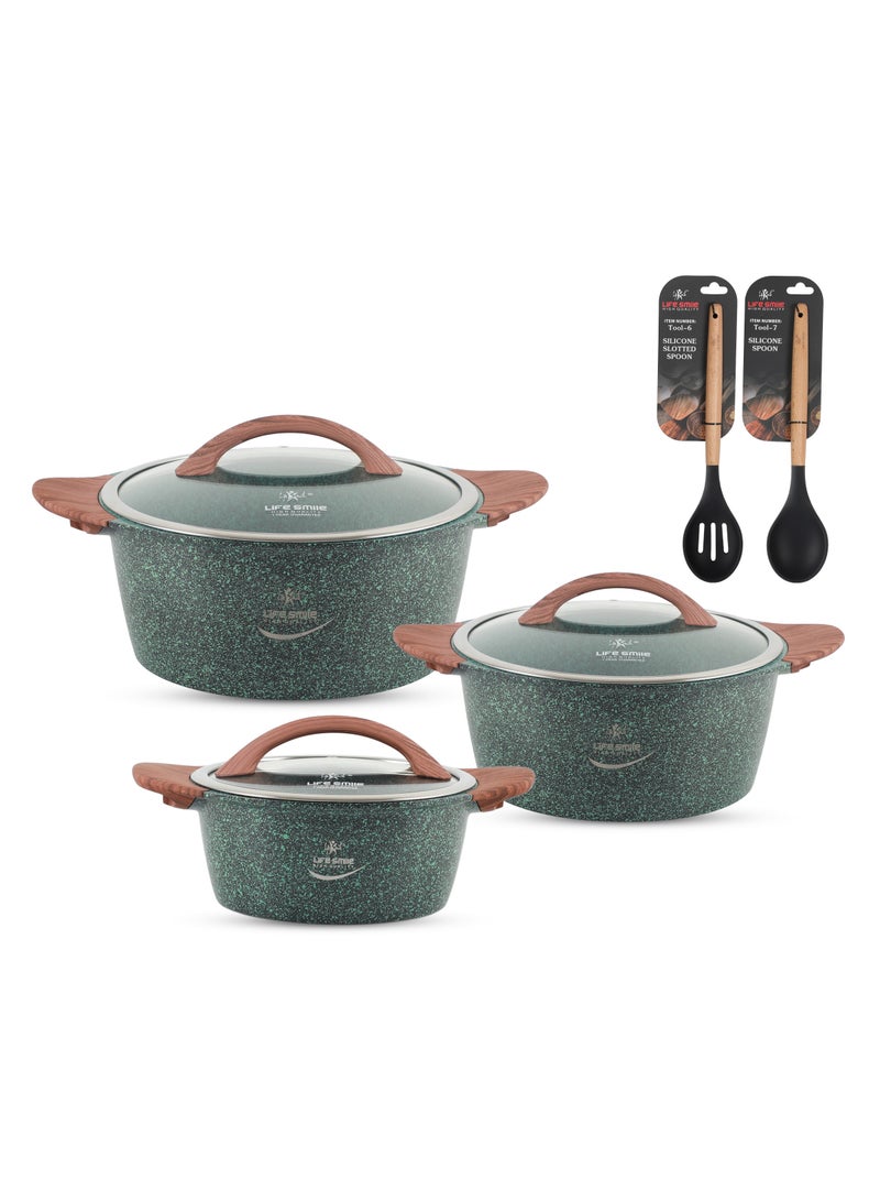 Cookware Set 8 pieces - Cooking Pots and Pans set Induction Bottom  - Granite Non Stick Coating Die Cast aluminum Casserole Set include Casseroles And Silicone Utensils & Wooden Turner