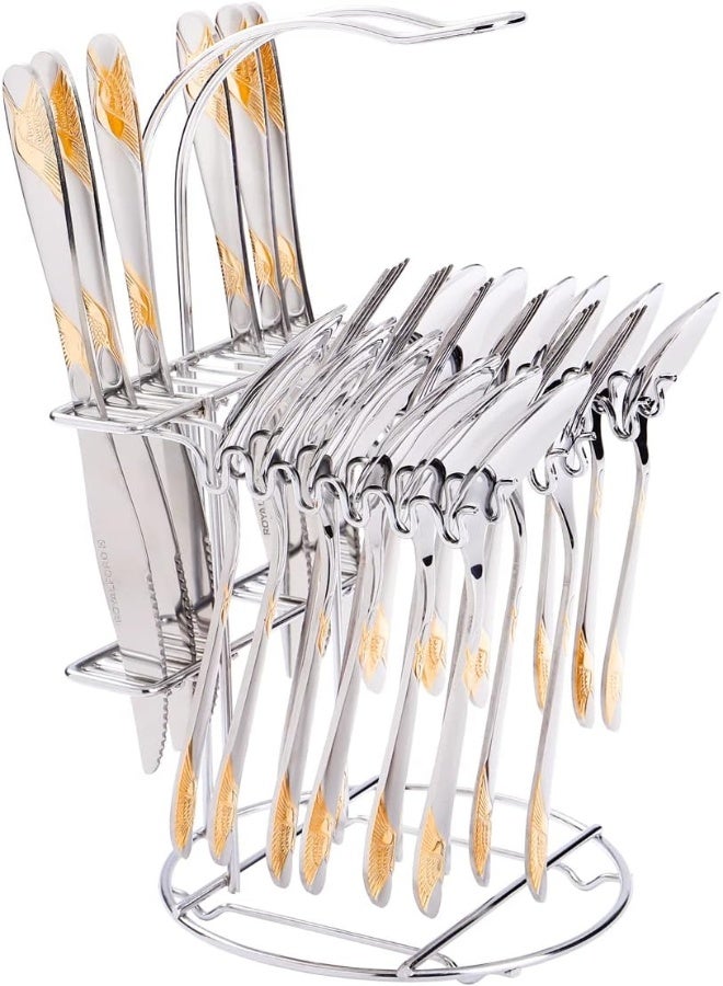 Royalford 25 Piece Stainless Steel Cutlery Set With Display Stand Rf10315, Gold Plated