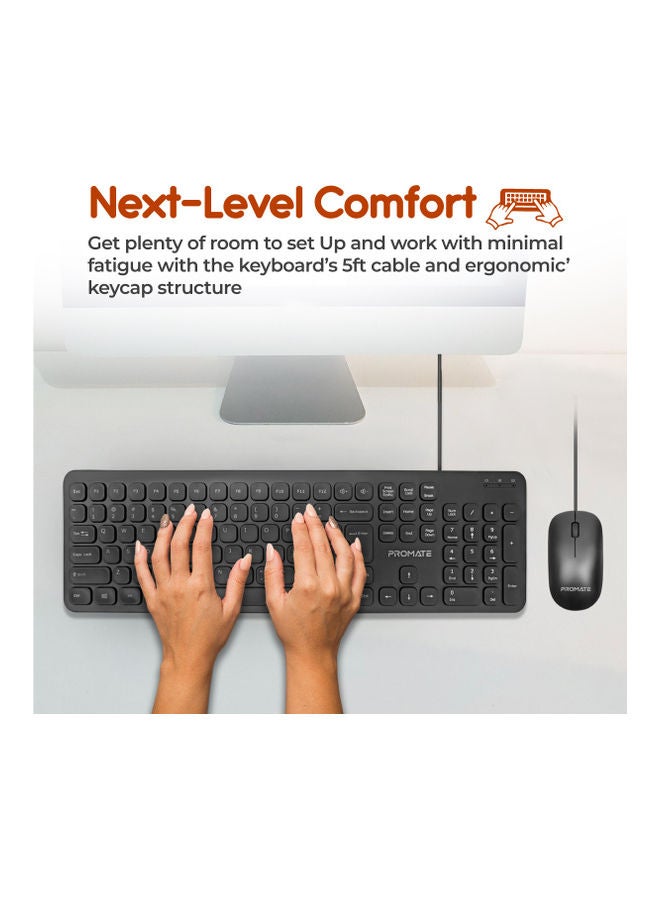 Wired Keyboard with 1200 DPI Mouse, 106-Keys Quiet, Slim Design and Angled Kickstand, COMBO-KM2.E/A Black