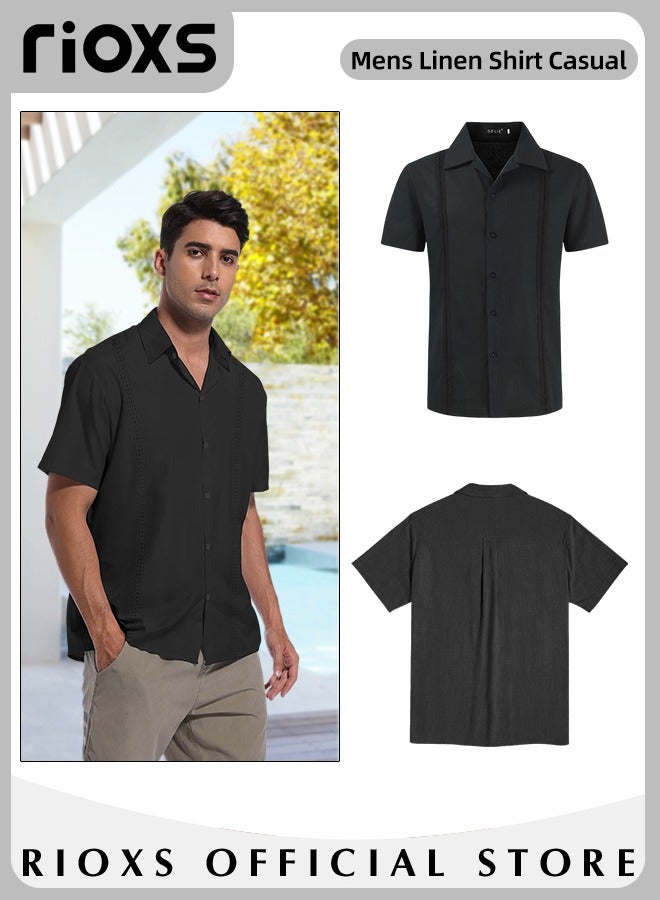 Men's Summer Loose Shirt Cotton Linen Button-Up Top Short Sleeve V-Neck Henley Shirts Casual Comfort Beach Shirt