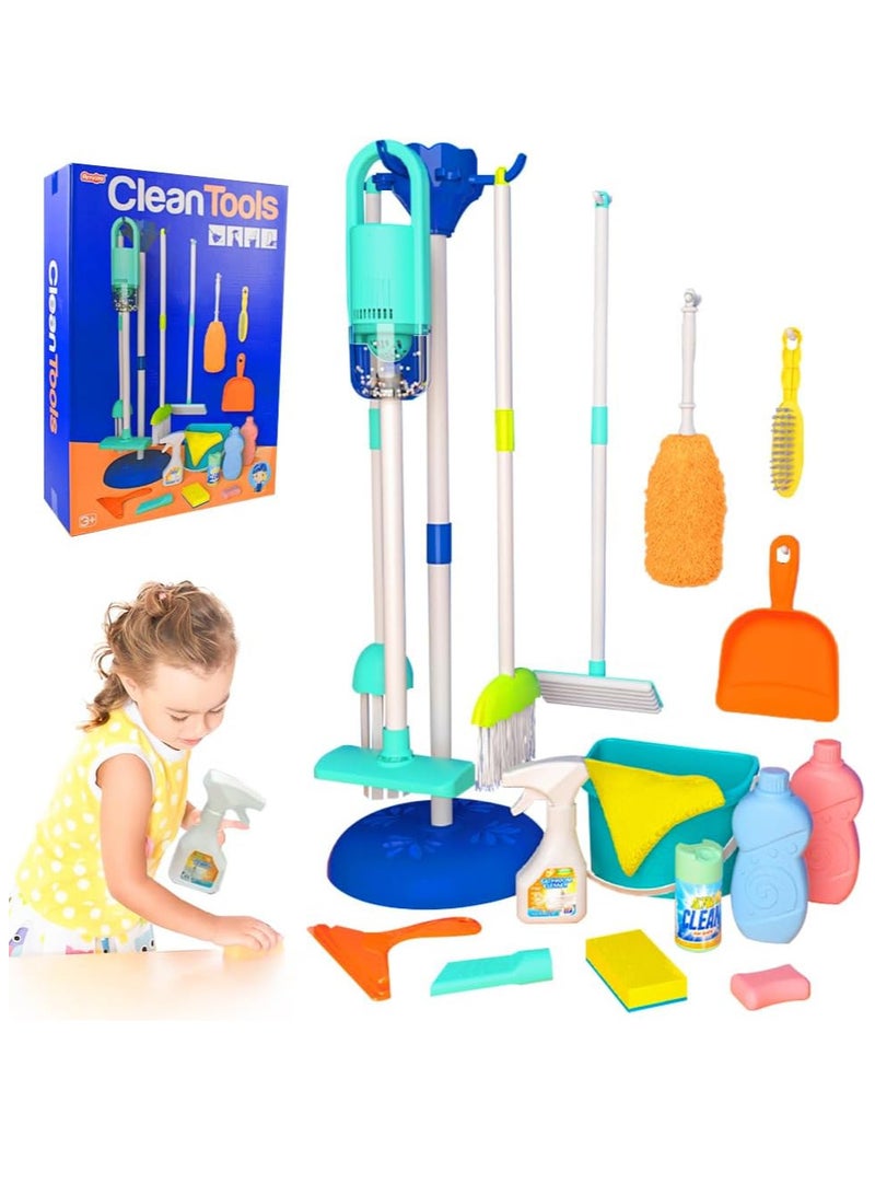 Kids Cleaning Playset 18 Accesories Electronic Vacuum Cleaner with Attachment Light Sound Pretend Play Toddlers Hangling Stall Mop Brush Sweeping Window Cleaner Bucket