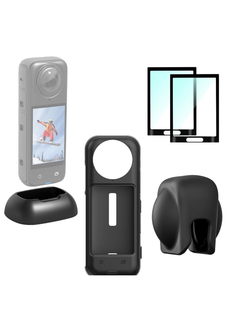 Action Camera Accessories Kit Compatible for Insta360 X4 Silicone Protective Cover Case Lens Guard Cap Tempered Glass Screen Protector Film Desktop Stand Base Mount