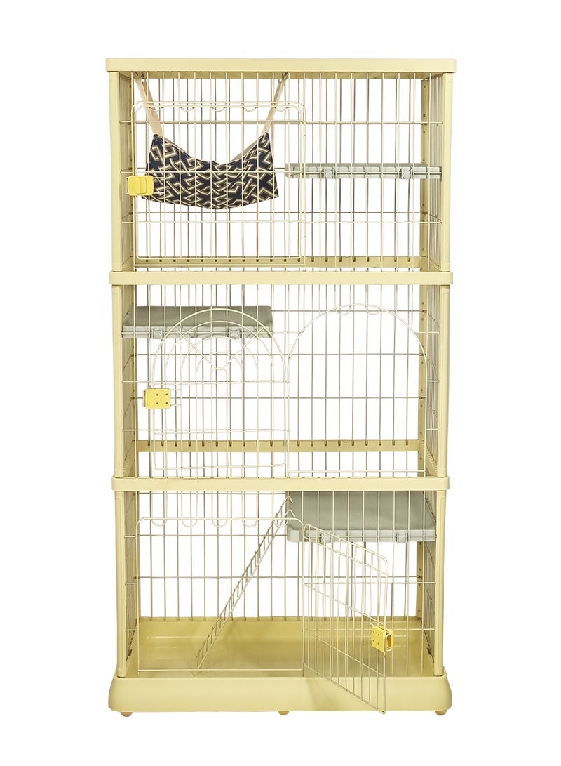Large cat cage with metal wire, Multiple heads with Ladder, Cat hammock, Multiple doors with secure lock, Suitable for multiple cats, Easy to move, Universal wheels, and Easy to clean, 172 cm (Yellow)