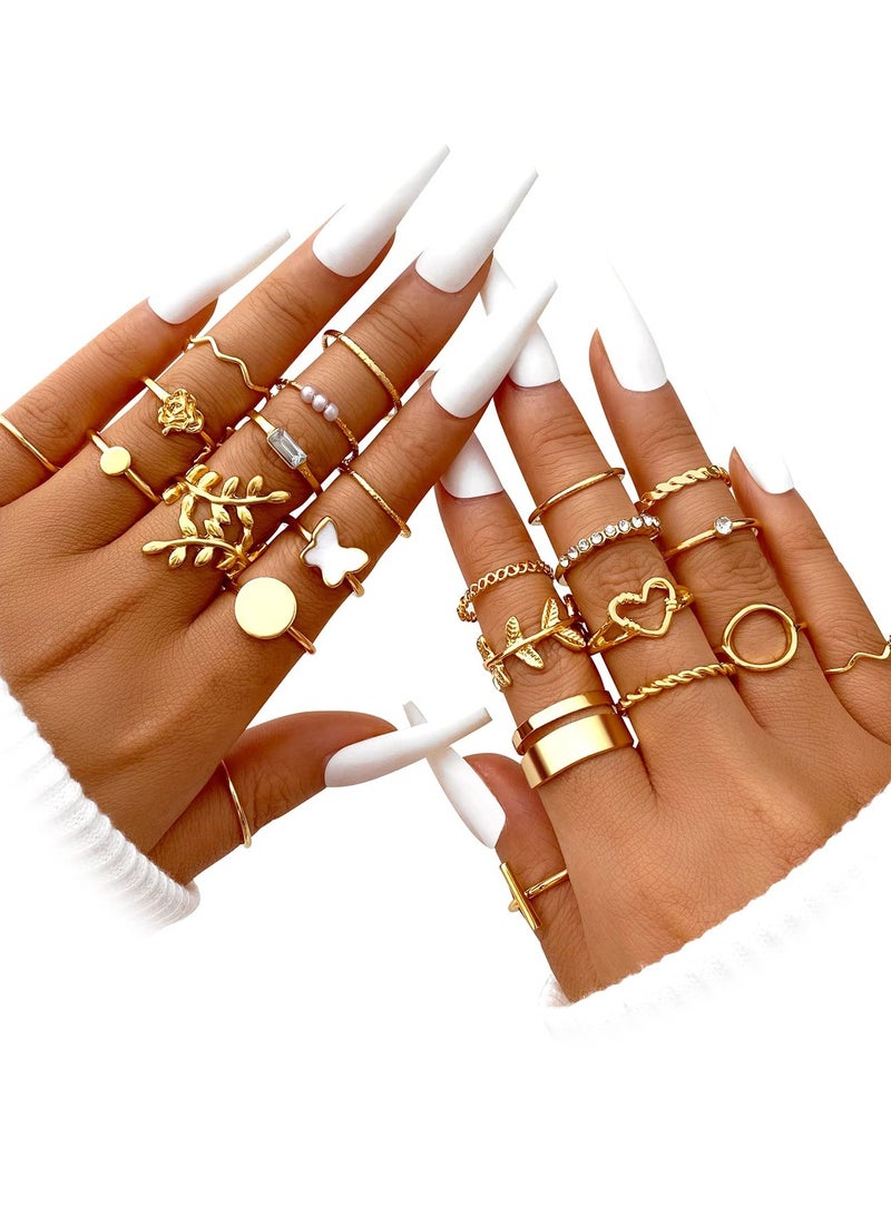 24 Pcs Gold Vintage Knuckle Rings Set for Women Boho Dainty Stackable Midi Finger Rings Butterfly Snake Heart Pearl Cross  Fashion Ring Pack Adjustable Open Ring Jewelry Jewelry Gifts for Girl