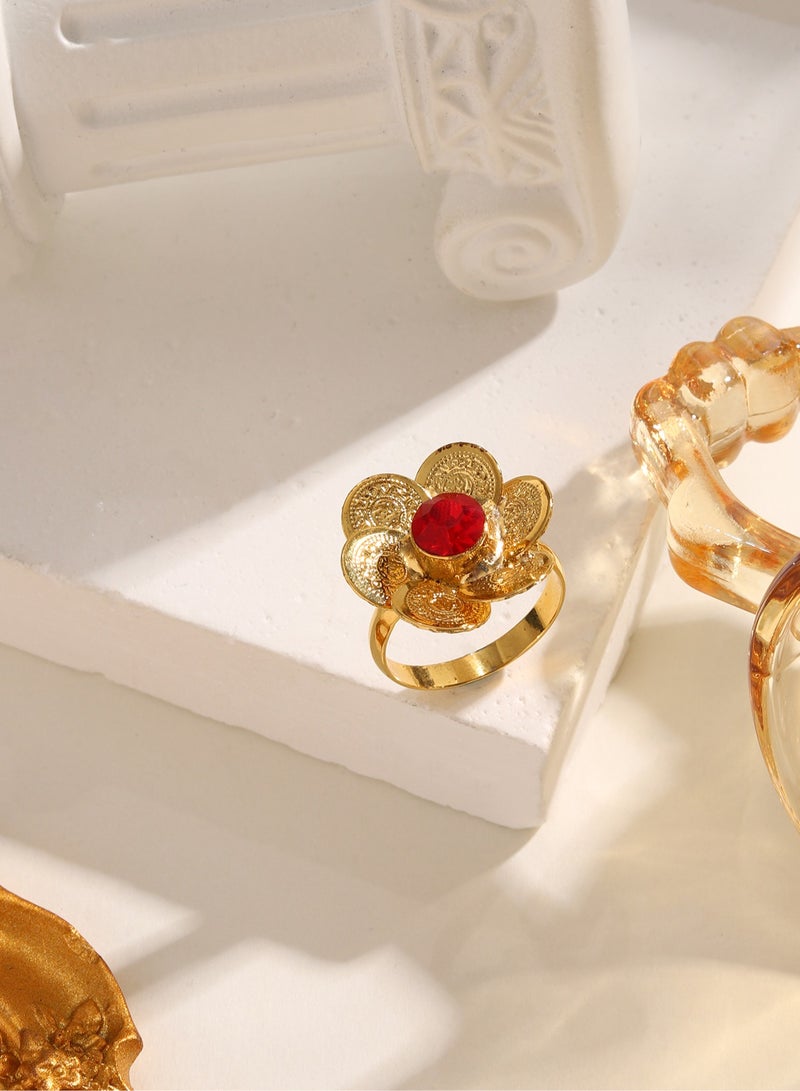 MANDI's retro gold-plated red rhinestone flower adjustable ring is suitable for women's daily wear