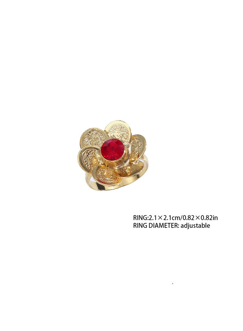 MANDI's retro gold-plated red rhinestone flower adjustable ring is suitable for women's daily wear