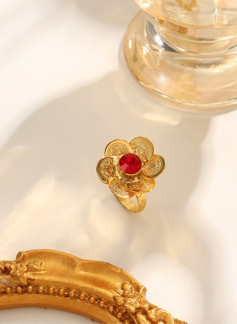 MANDI's retro gold-plated red rhinestone flower adjustable ring is suitable for women's daily wear