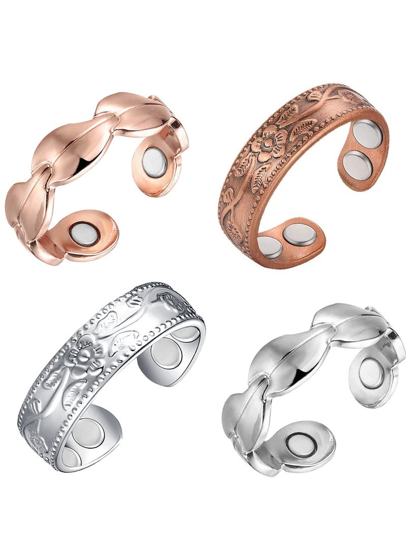 Pure Copper Magnetic Rings for Women, 4 PCS Adjustable Copper Rings with Strong Magnets, Ideal for Arthritis, Joint Pain, and Lymphatic Drainage