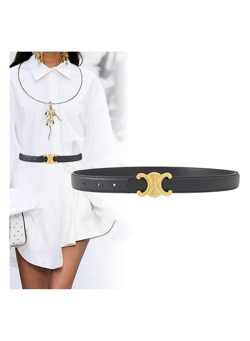 Women's Fashion Leather Thin Belt, Belts for Jeans with Gold Buckle, Double C Buckle Belts for Jeans Dresses Pants, B;ack