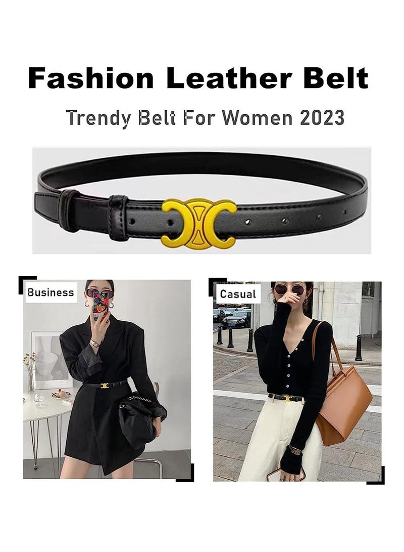 Women's Fashion Leather Thin Belt, Belts for Jeans with Gold Buckle, Double C Buckle Belts for Jeans Dresses Pants, B;ack