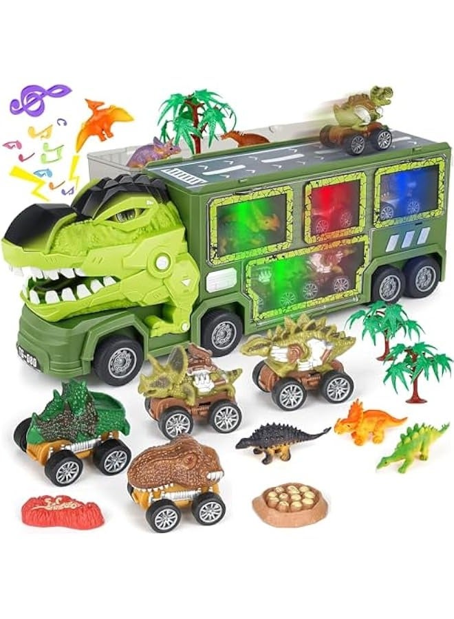Dinosaur Transporter Truck Playset with Music, Lights And Slides - A great Birthday Gift For Kids Ages 3-7