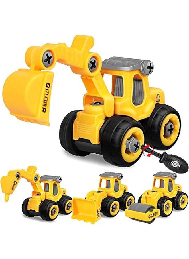 4-Pack Disassembled Construction Trucks, Toy Trucks with Excavator, Bulldozer, Rambler and Road Roller, DIY Car Toys, Ages 3-8