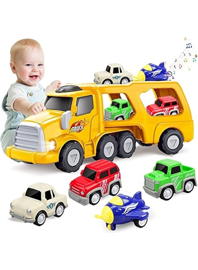 5 in 1 Transport Truck With Sounds, Toy Truck With 3 Mini Cars And 1 Plane, Birthday Gift And Party