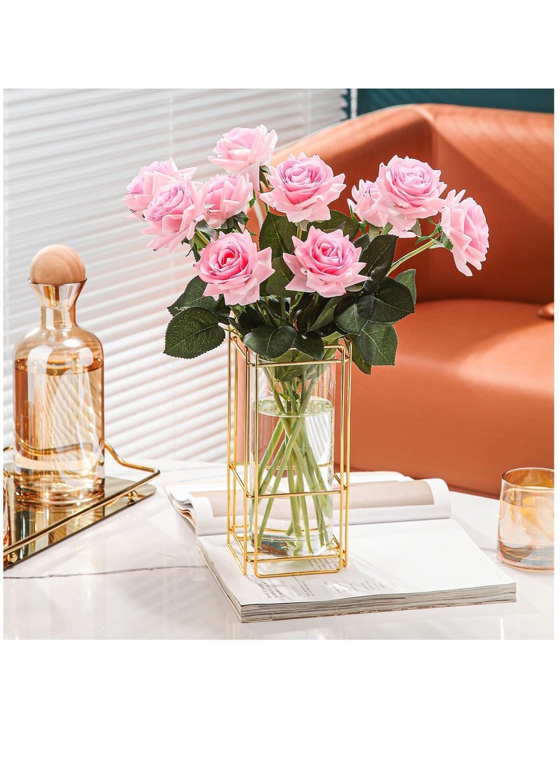 Glass Flower Vase Set of 2 for Living Room Bedroom 9.25'' Clear Hydroponic Plant Vases with Gold Metal Frame Stand 2 Pack Modern Classic Geometric Creative Home Office Decoration