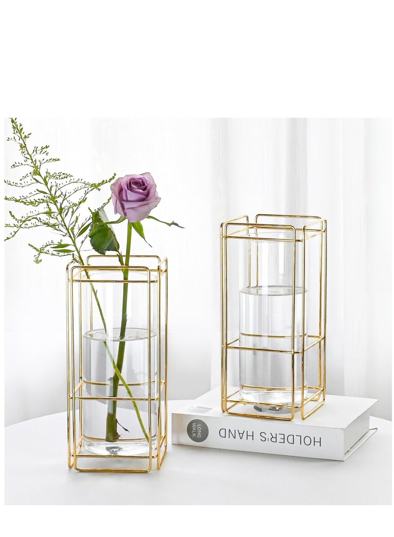 Glass Flower Vase Set of 2 for Living Room Bedroom 9.25'' Clear Hydroponic Plant Vases with Gold Metal Frame Stand 2 Pack Modern Classic Geometric Creative Home Office Decoration