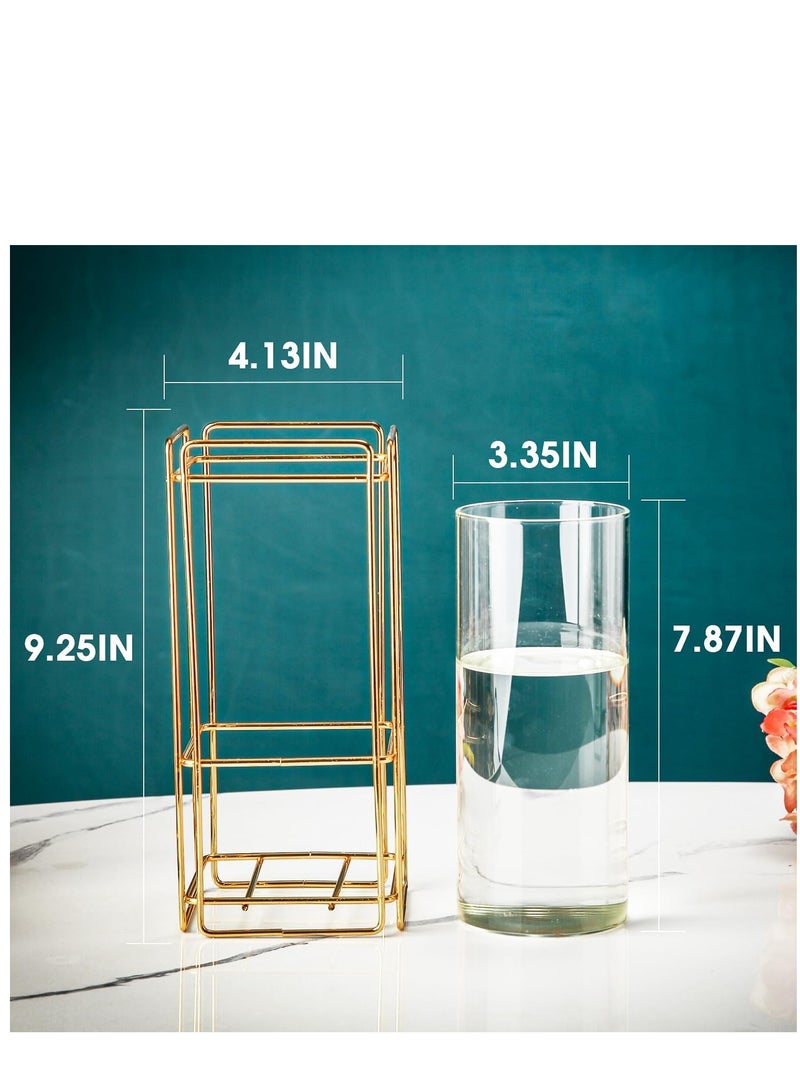 Glass Flower Vase Set of 2 for Living Room Bedroom 9.25'' Clear Hydroponic Plant Vases with Gold Metal Frame Stand 2 Pack Modern Classic Geometric Creative Home Office Decoration