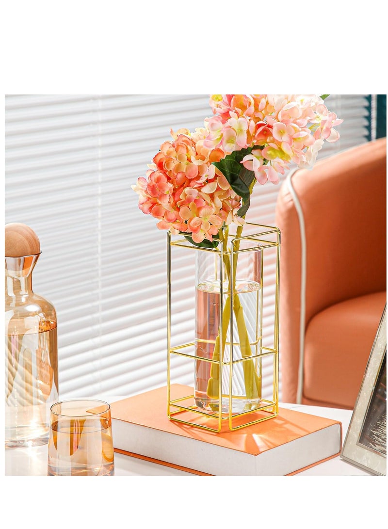 Glass Flower Vase Set of 2 for Living Room Bedroom 9.25'' Clear Hydroponic Plant Vases with Gold Metal Frame Stand 2 Pack Modern Classic Geometric Creative Home Office Decoration