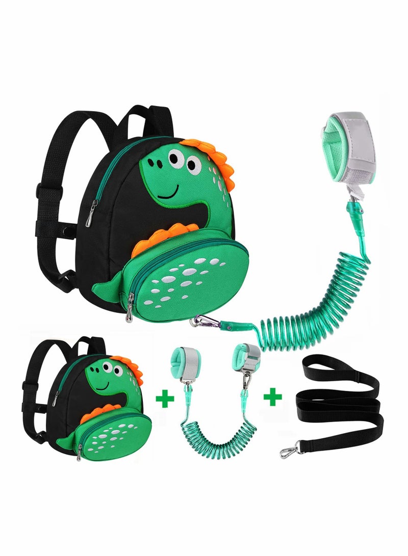 Toddler Backpack Harness with Safety Leash, Cute Dinosaur Harnesses with Kids Anti Lost Wrist Link, Mini Child Schoolbag with Wristband Tether Strap and Protection Leashes for Baby boys (Black)