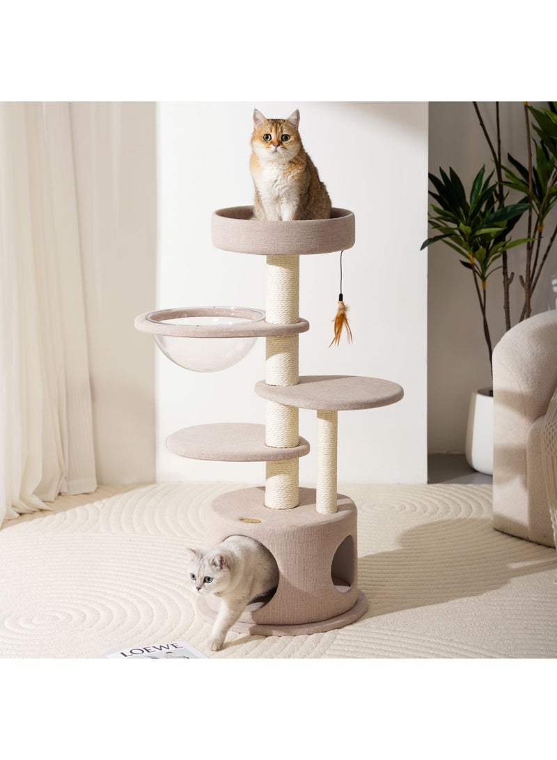 PETSBELLE High-End Medium Cat Tree Tower, Premium Rubber Wood Made, Scratching Posts, Cat Condo, Cat Bed, Transparent Space Capsule, Removable Soft Cushion Bed, Super Stable (45*45*105cm)