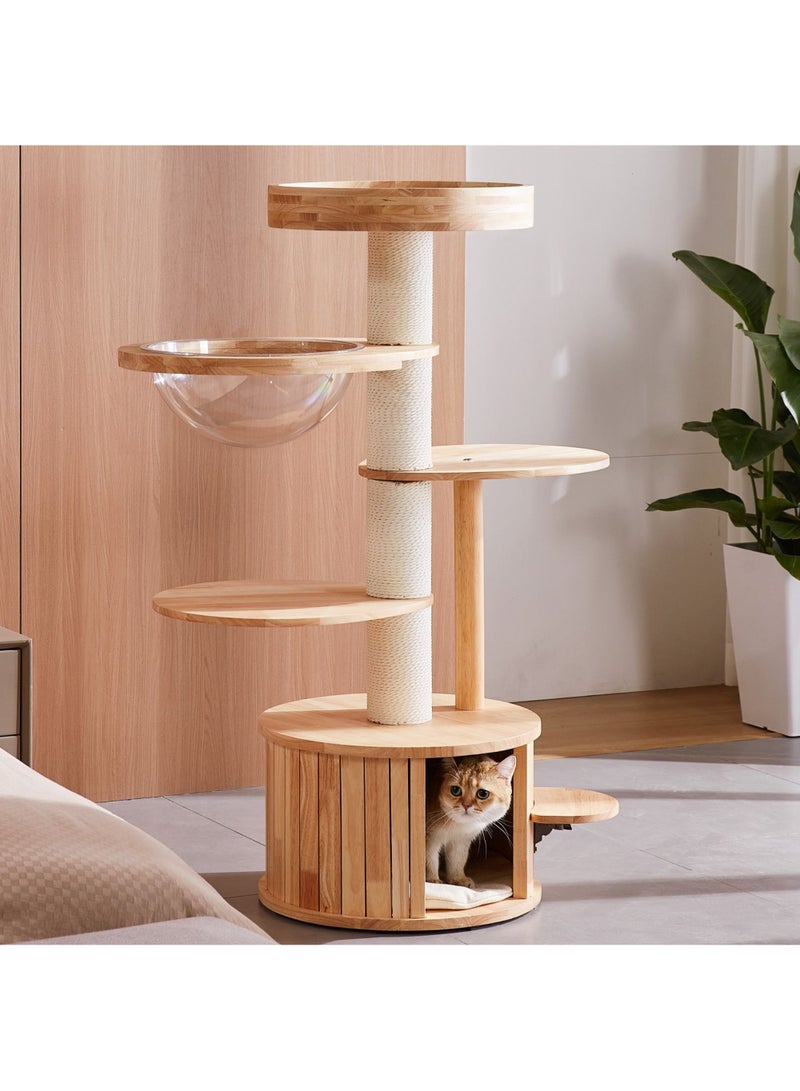 PETSBELLE High-End Large Cat Tree Tower, Premium Rubber Wood Made, Cat Condo with Scratching Posts, Transparent Space Capsule, Super Stable (48*48*121cm)