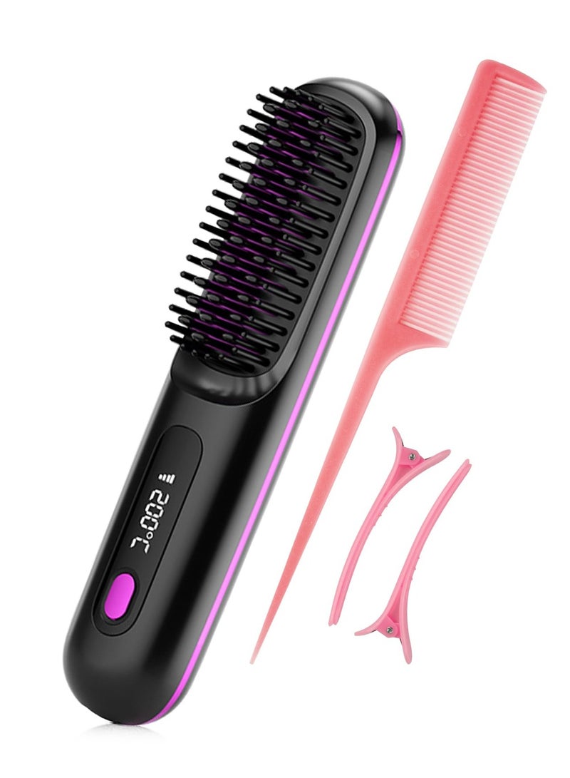 Hair Straightener Brush, Lightweight Mini Portable Straightening Comb for Travel Home Outdoor, Cordless Hair Straightener Brush, Hot Comb with 100M+ Negative Ions, USB Rechargeable Hair Straightener