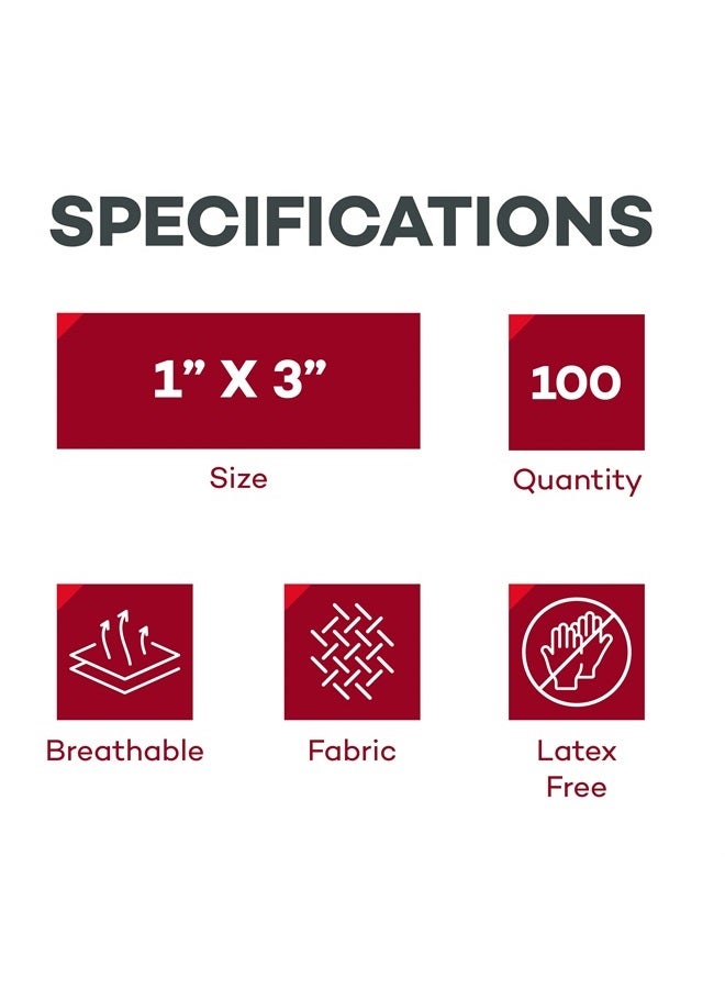 Sterile Flexible Fabric Adhesive Bandages – 1x3 Inch – 100/Box - Breathable First Aid Strip Pack - Soft Stretch Wound Patch for Medical, Emergency Kits & Clinic