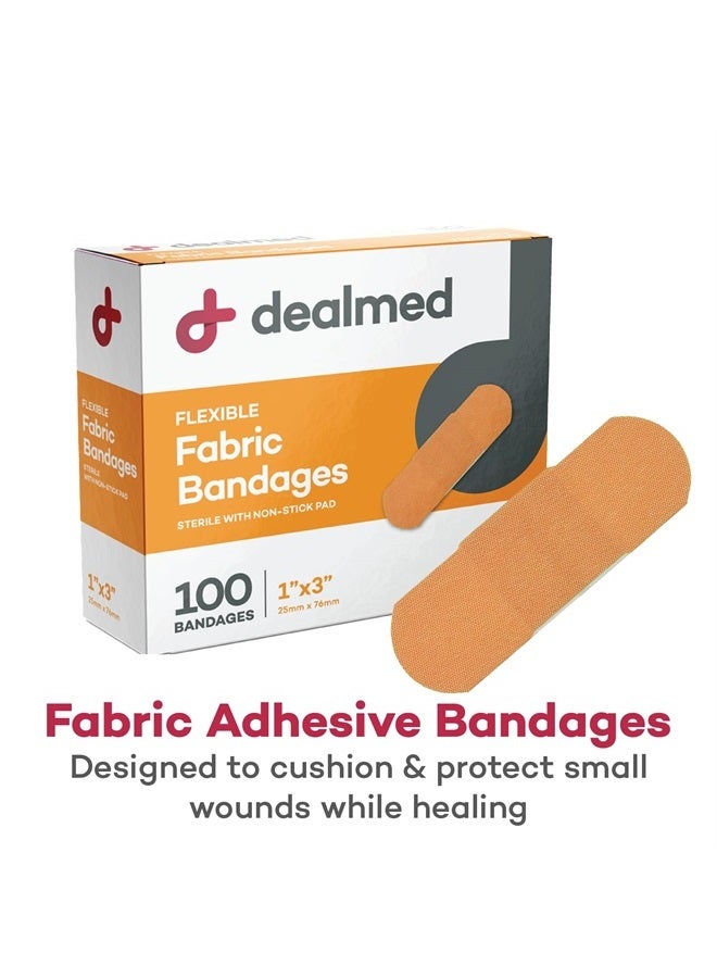 Sterile Flexible Fabric Adhesive Bandages – 1x3 Inch – 100/Box - Breathable First Aid Strip Pack - Soft Stretch Wound Patch for Medical, Emergency Kits & Clinic
