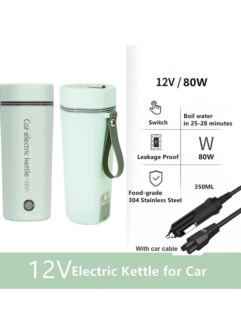 Car Portable Travel Electric Cup 12V/7A 80W, 350ml Heating Capacity Electric Tea Coffee Kettle for 12V Car , 450ml 304 Stainless Steel Liner, Heating temperature up to 100°C, Auto-Shut-Off, Green