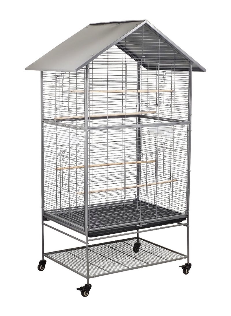 Large birdcage with Removable tray, food bowls, wood perches, Storage shelf, and universal wheels, Durable house roof design bird cage with multiple access doors, 167 cm (Color : Grey)
