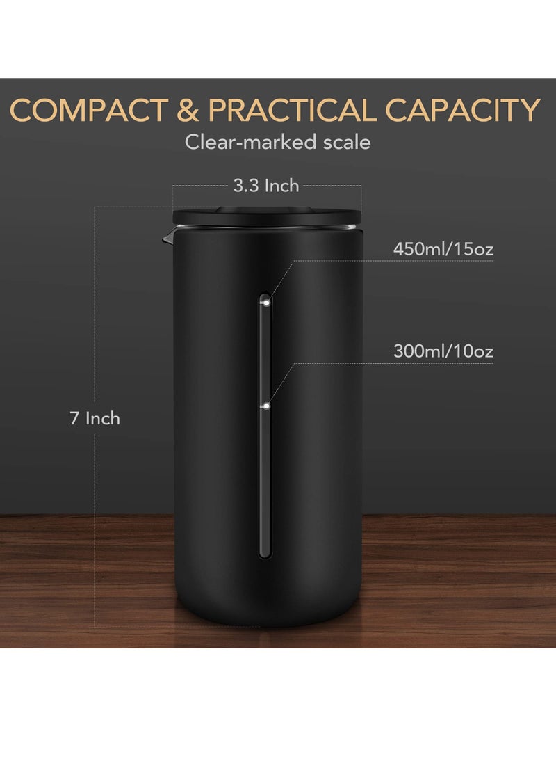 Portable French Press Coffee & Tea Maker - Matte Black, 15oz, Heat Resistant Borosilicate Glass with Stainless Steel Filter for Camping & Office