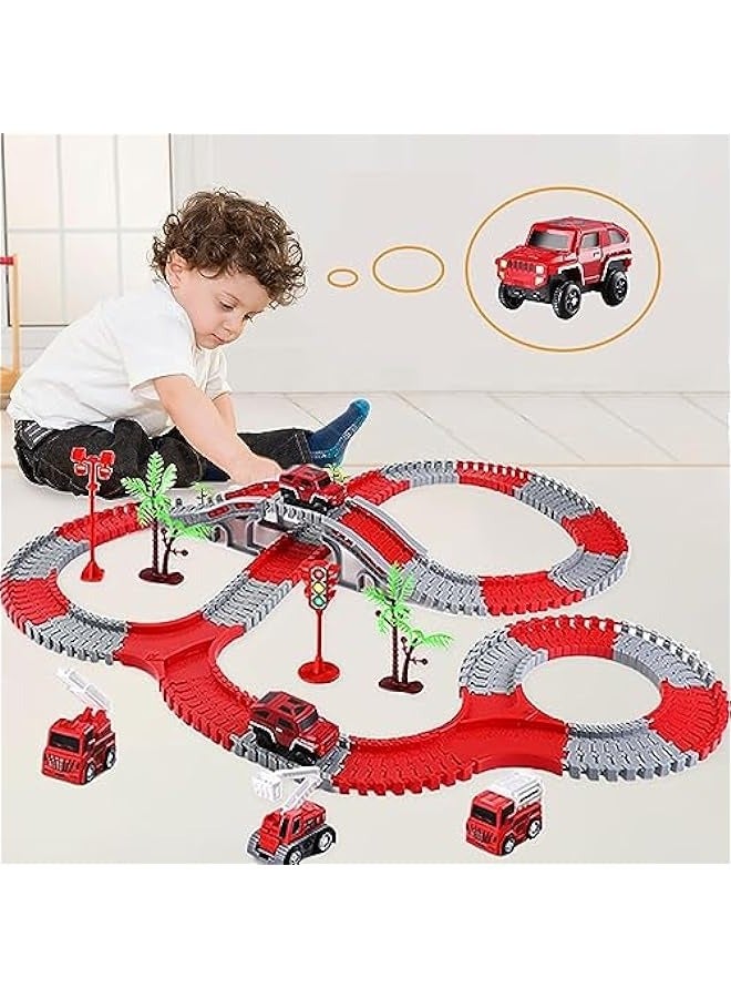 Car Tracks Toy for Kids, 234-Piece Race Tracks with 2 Cars, 3 Mini Trucks and Accessories Traffic Signs, Bridges, Indoor Track Fire Games DIY, Gift for Children 3+ Years Old