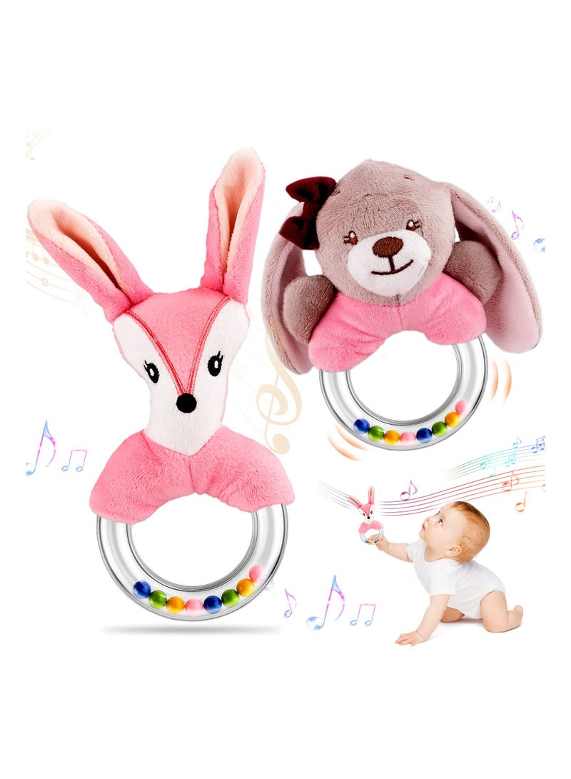 2PCS Baby Rattle Toys for 0-12 Months, Newborn Baby Rattles Teething Ring Sensory Plush Toy Ring Rattle Toy Shower Gift Sensory Plush Toy Set for 0 3 6 9 12 Month Infant Boys Girls (Fox/Rabbit)