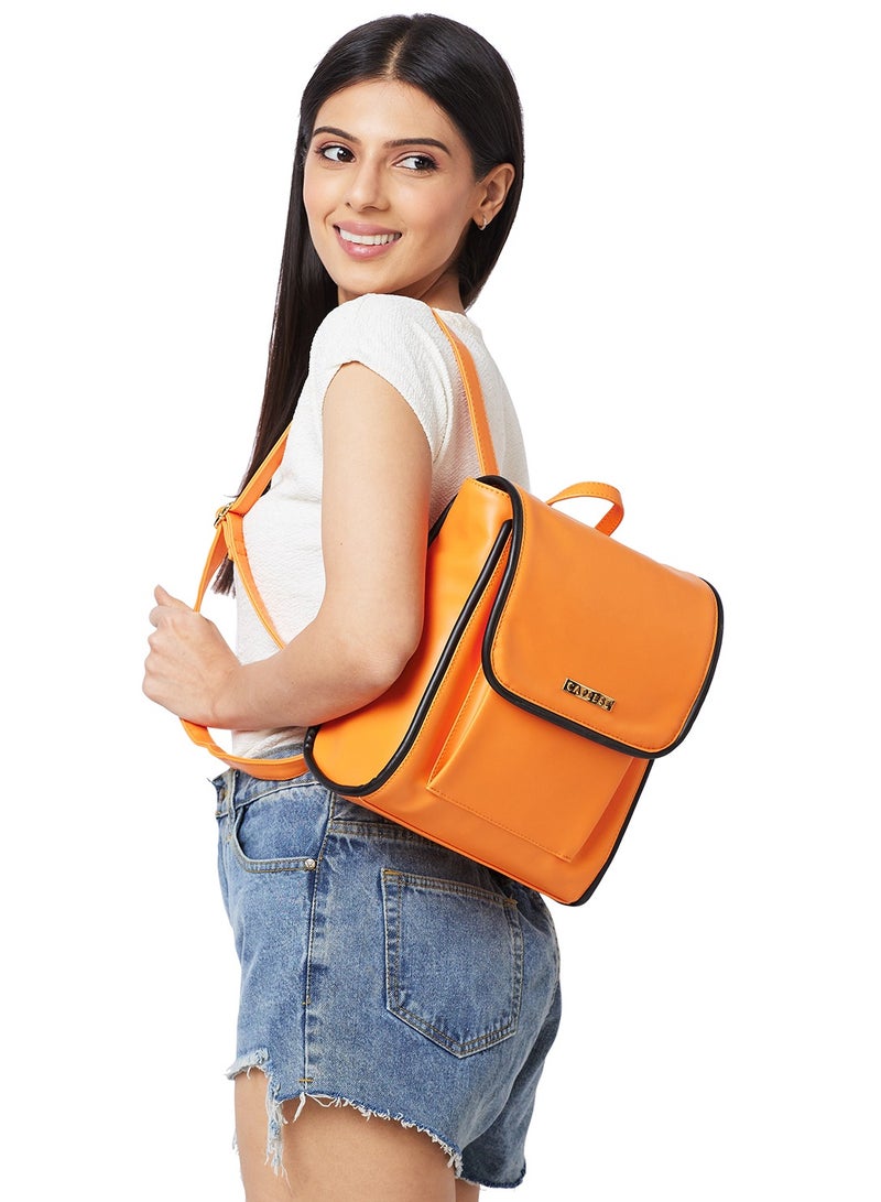 Caprese Gracie Solid Orange Faux Leather Medium Fashion Backpack