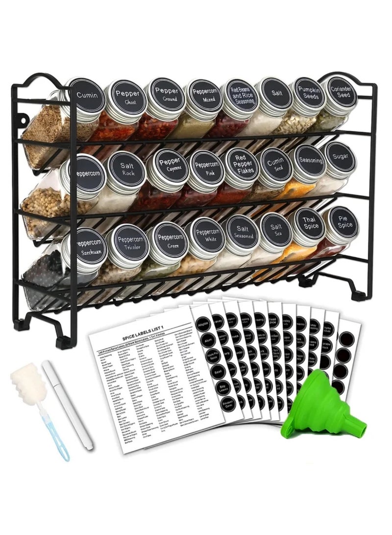 Spice Rack Organizer with 24 Square Spice Jars 120 ml with 386 Labels and Chalk Marker and Funnel