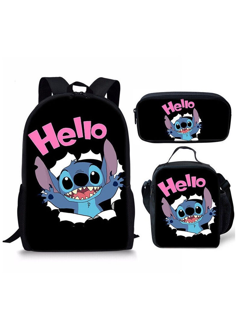 3 Piece Lilo Stitch 3D Print Insulated Lunch Backpack Set Multicolour