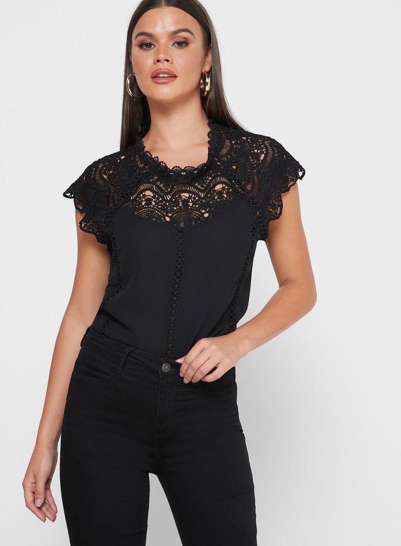 Lace Neck Embroidered Top