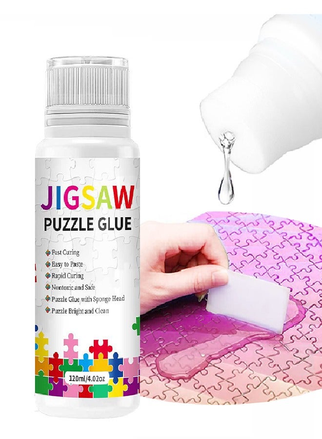 Jigsaw Puzzle Glue,with Sponge Head, Jigsaw Puzzle Glue for Kids, Puzzle Glue Clear with Applicator, Water-Soluble Special Craft Puzzle Glue, Puzzle Saver for 1000/1500/3000 Pieces of Puzzle, 120ML