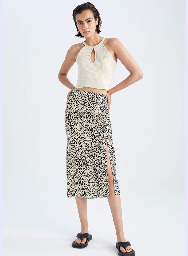 Regular Fit Leopard Print Midi Skirt