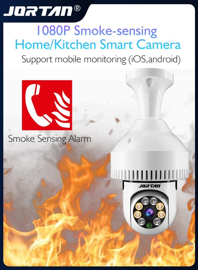 Fire-smoke Sensing Home/Kitchen Smart Camera 1080P Screw Plug Wireless Wifi in Bulb Shape Indoor Surveillance with Fire Alarm Sending & Two Way Audio & Smart Tracking & Monitor with iOS, Android App