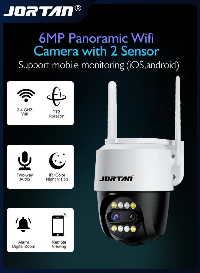 6MP Panoramic Wifi Camera with 2 Sensor Outdoor Wire/Wireless PTZ Camera with 2.8mm and 12mm Lens & Video Compression & AI Binocular 8x Hybrid Zoom & Remote Control & Two Way Audio & Object Tracking