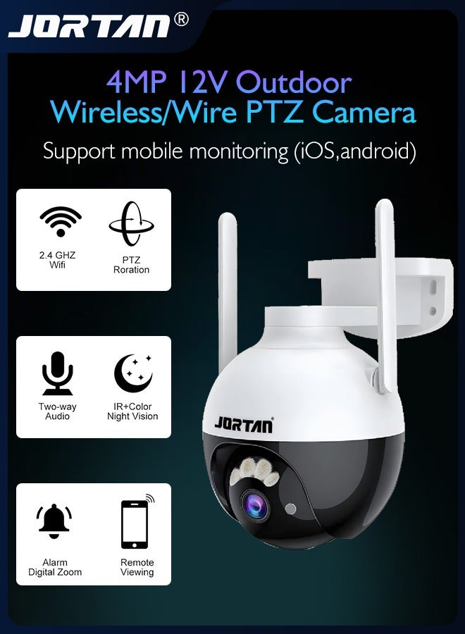 4MP 12V Outdoor WiFi PTZ Camera Wireless/Wire IP Camera Home Security System with 360° View & Humanoid Detection & Night Vision & Two Way Audio & Lightning Protection & RJ45 Ethernet Interface