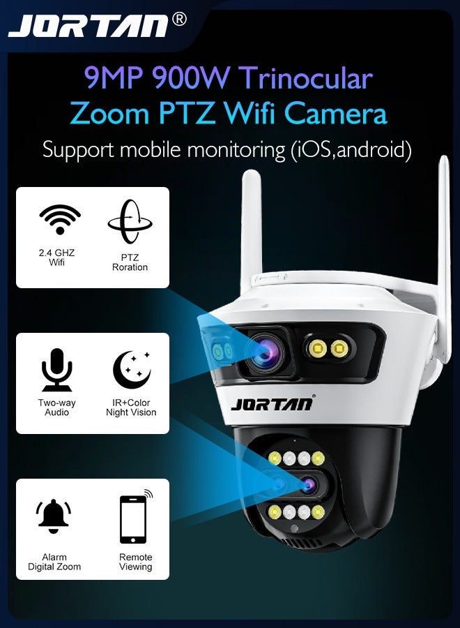 9MP 900W Trinocular Zoom Wifi Camera 3 Sensors Camera Outdoor Monitor with 8x Hybrid Zoom & RJ45 Ethernet Interface & Intelligent Alarm Mode & AI Motion Detection & Color Night Vision & 2-Way Audio