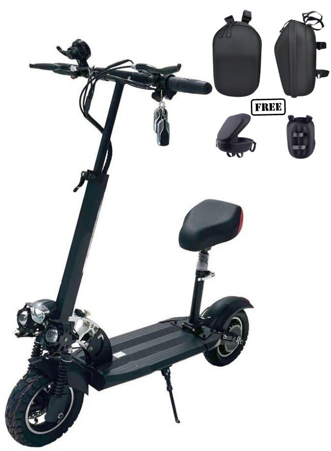 Z2 (E10) Powerful Electric Scooter With Seat, 48V, Foldable, Front & Side Led lights, 1 Year Warranty, Anti-Theft, FREE HANDLEBAR BAG, Black