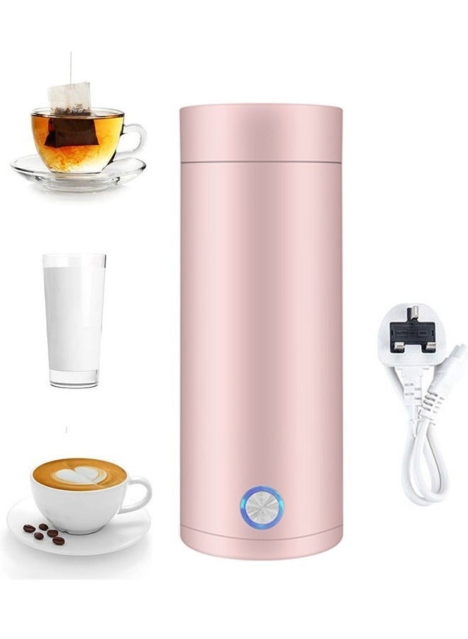 Portable Electric Kettle 400ml Travel Tea Kettle with Non stick Coating Double Wall Water Boiler Bottle Insulated Coffee Thermos Mug Fast Boil and Auto Shut Off Hot Water Heater (Pink)