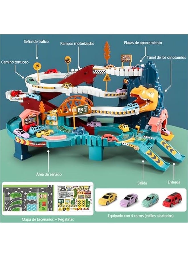 Dinosaur Footprint Toy Set with Four Cars, Map, and Stickers - Educational Toy for Boys